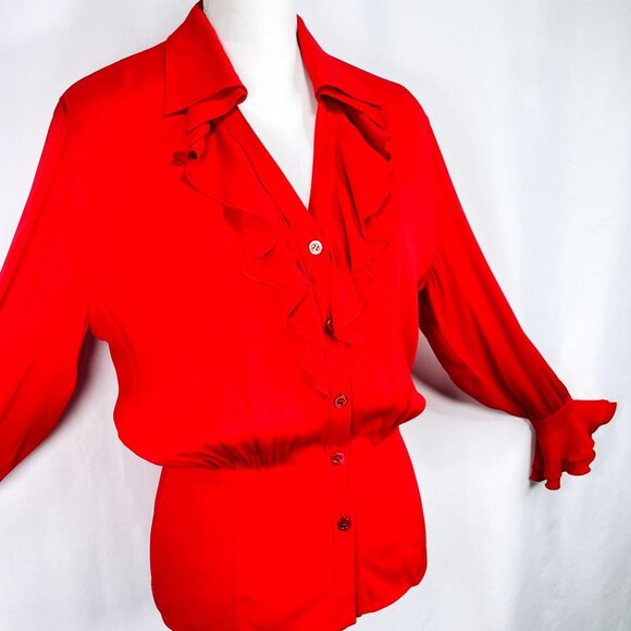 Vintage ESCADA Womens Silk Red Spanish ruffle Flare Long Sleeve Blouse 34 / S - Picture 10 of 16